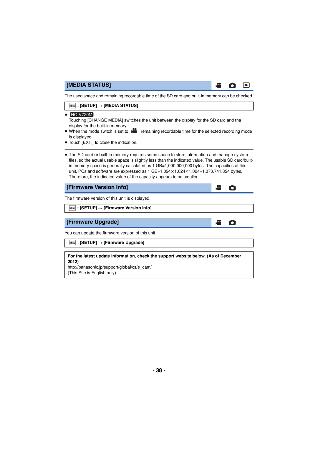 Panasonic HC-V720 owner manual Firmware Version Info, Firmware Upgrade, Menu Setup # Media Status 