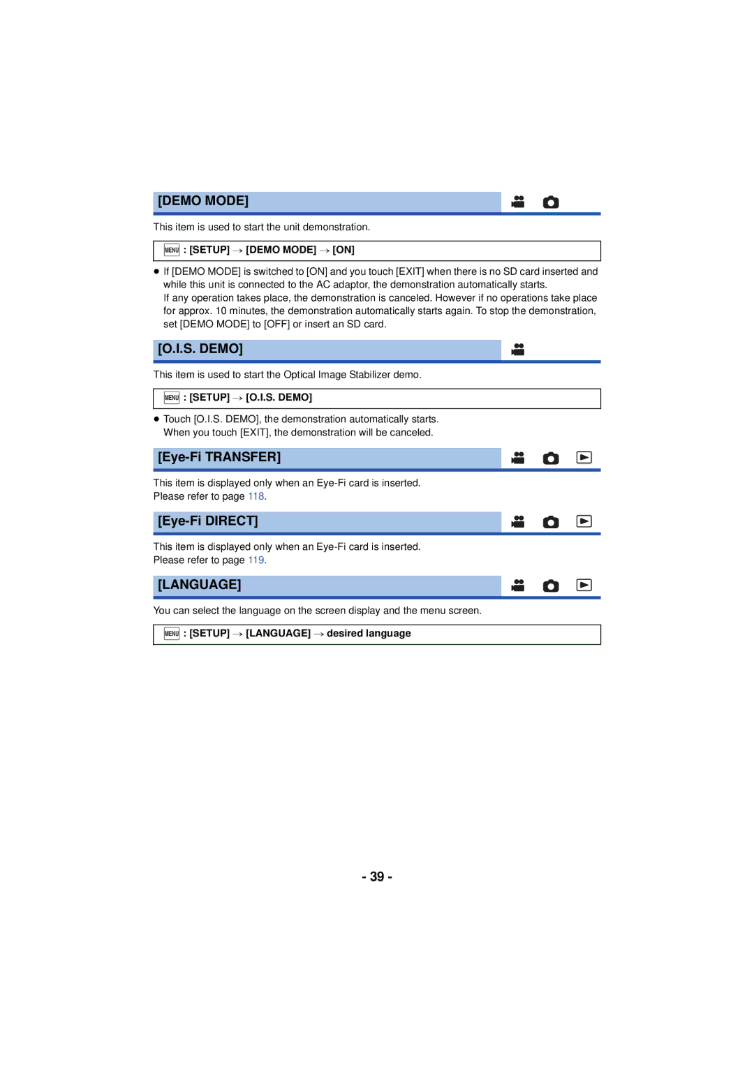 Panasonic HC-V720 owner manual Demo Mode, S. Demo, Eye-Fi Transfer, Eye-Fi Direct, Language 