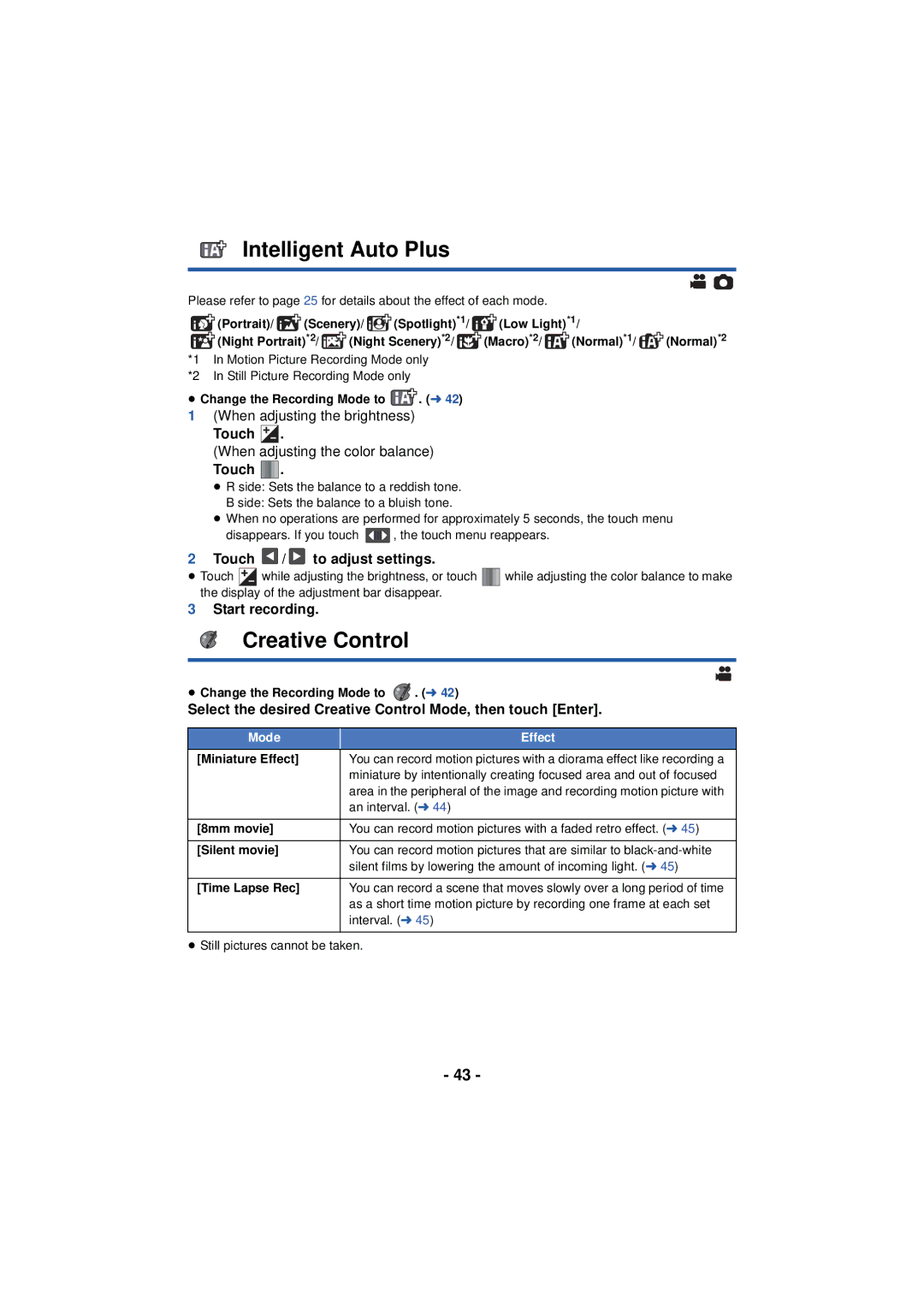 Panasonic HC-V720 owner manual Intelligent Auto Plus, Creative Control, Touch / to adjust settings, Start recording 