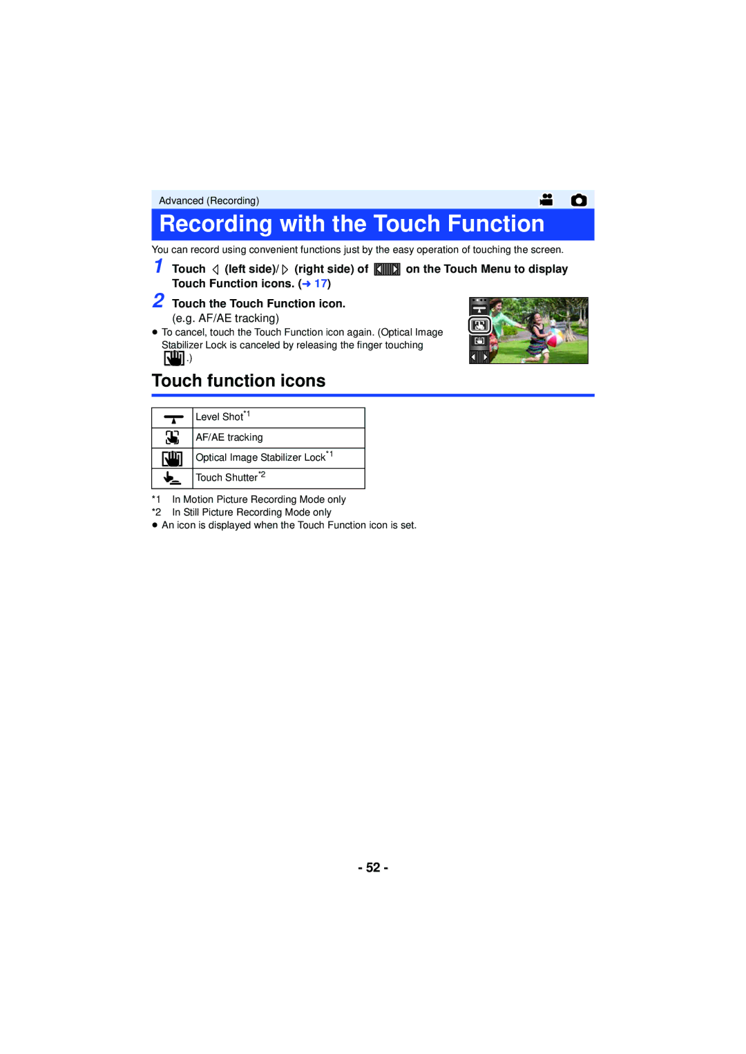 Panasonic HC-V720 owner manual Recording with the Touch Function, Touch function icons 