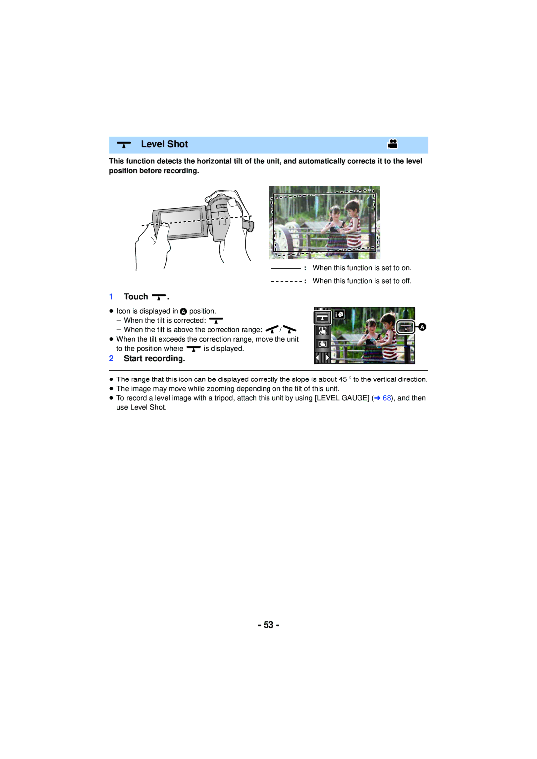 Panasonic HC-V720 owner manual Level Shot, Touch 