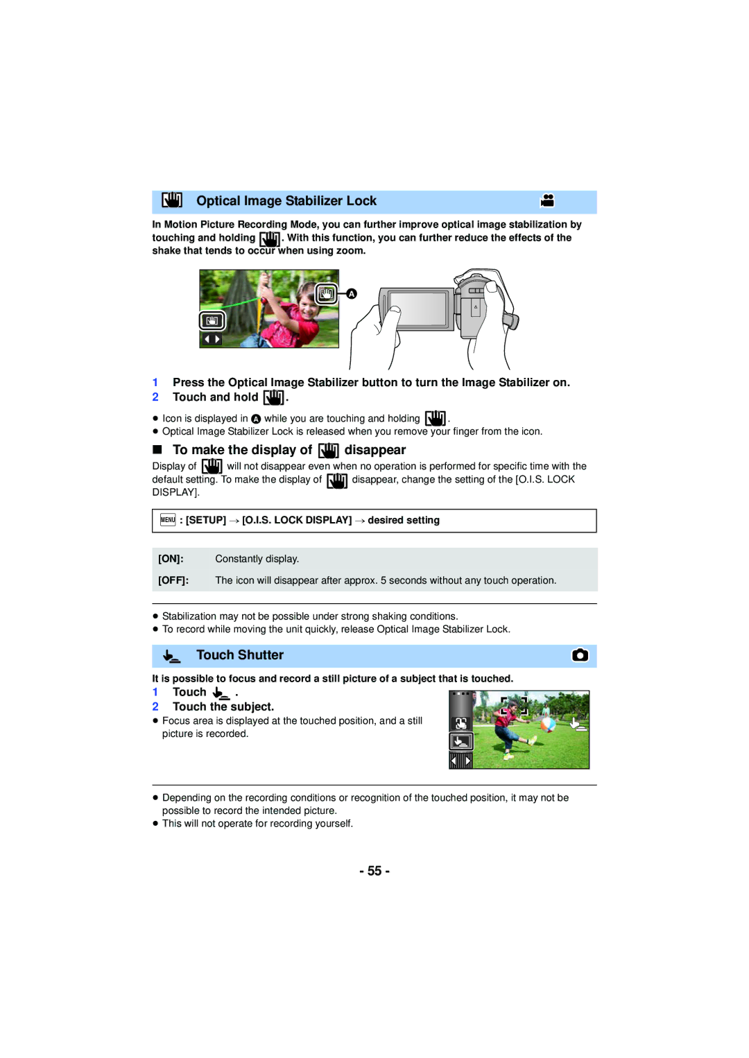 Panasonic HC-V720 owner manual Optical Image Stabilizer Lock, To make the display of disappear, Touch Shutter 