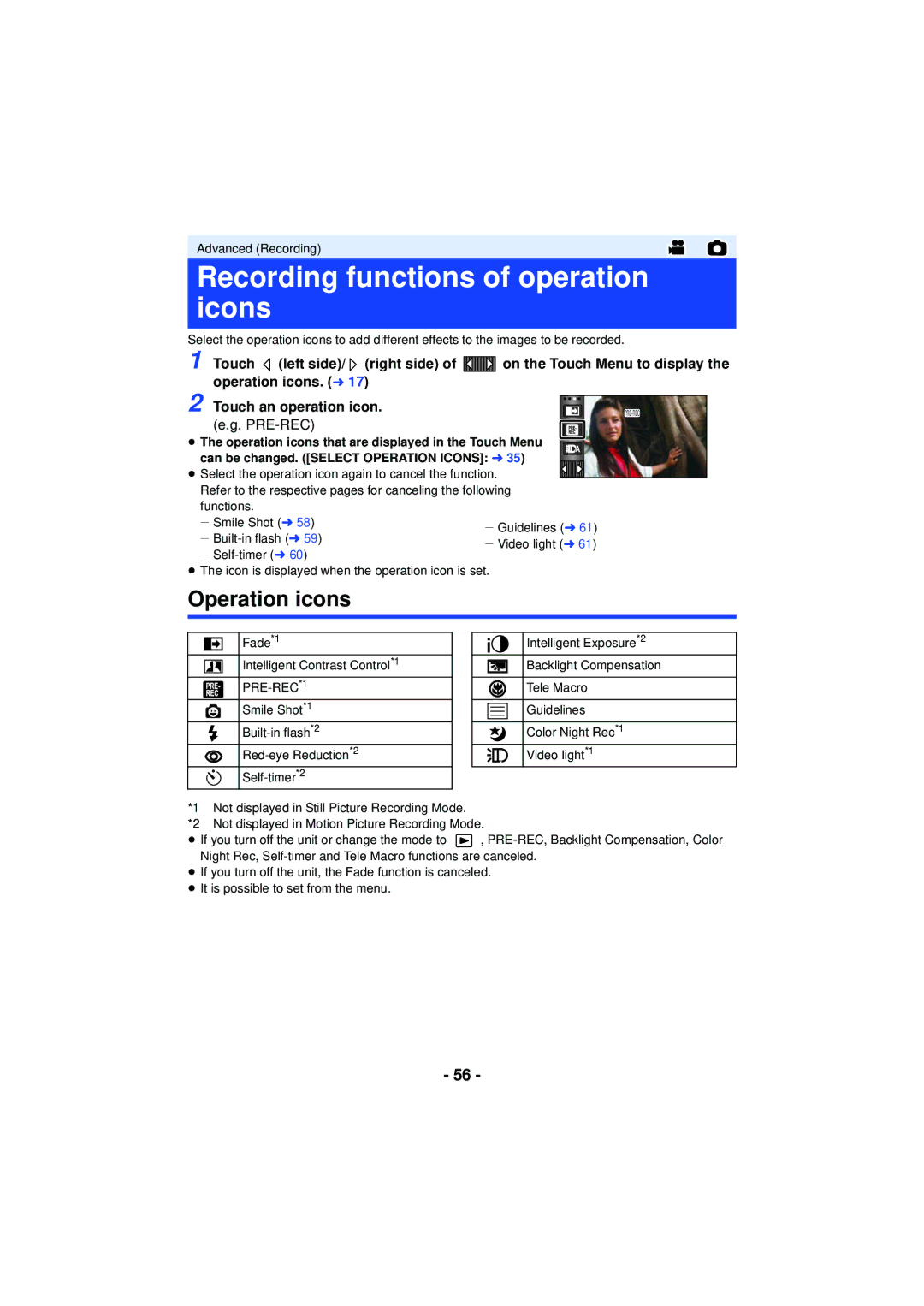 Panasonic HC-V720 owner manual Recording functions of operation icons, Operation icons 