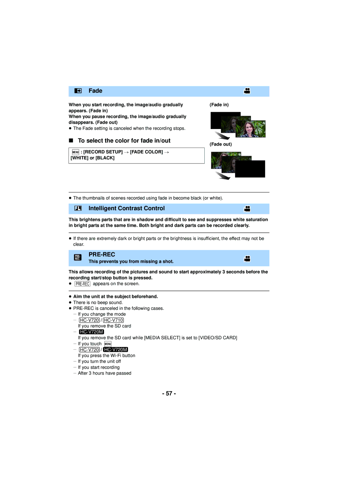 Panasonic HC-V720 owner manual Fade, To select the color for fade in/out, Intelligent Contrast Control, Pre-Rec 