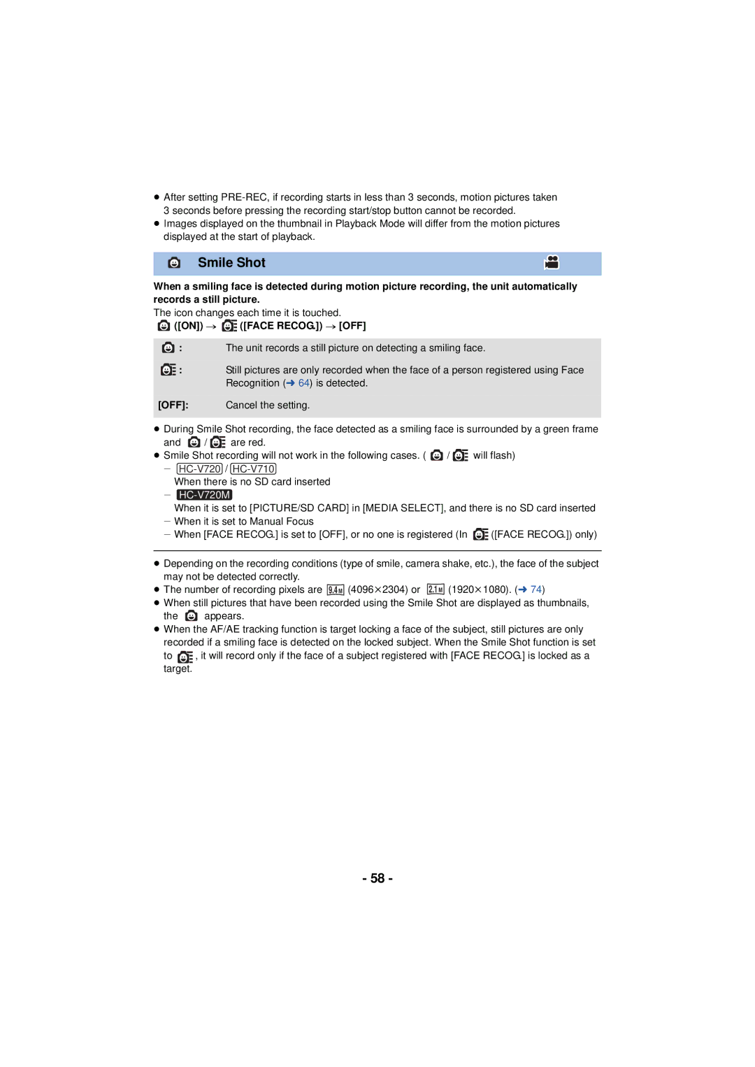 Panasonic HC-V720 owner manual Smile Shot, On # Face RECOG. # OFF 