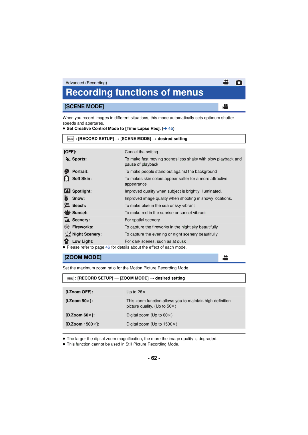 Panasonic HC-V720 owner manual Recording functions of menus, Scene Mode, Zoom Mode 