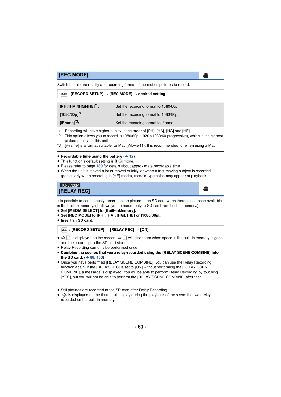 Panasonic HC-V720 owner manual REC Mode, ≥ Recordable time using the battery l, Menu Record Setup # Relay REC # on 