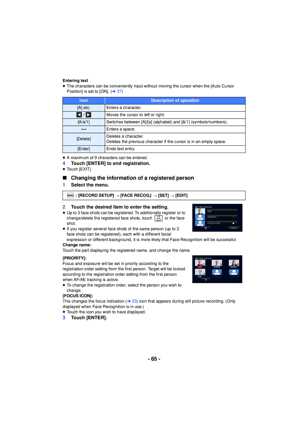 Panasonic HC-V720 owner manual Changing the information of a registered person, Touch Enter to end registration, Focus Icon 