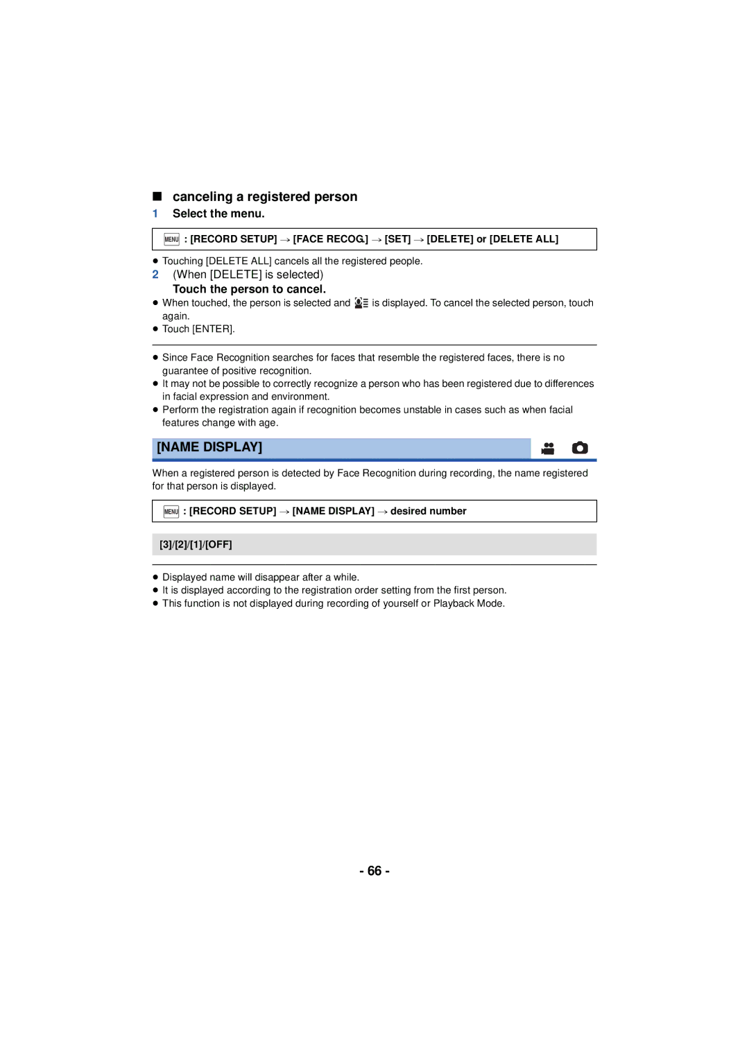 Panasonic HC-V720 owner manual Canceling a registered person, Name Display, Touch the person to cancel 