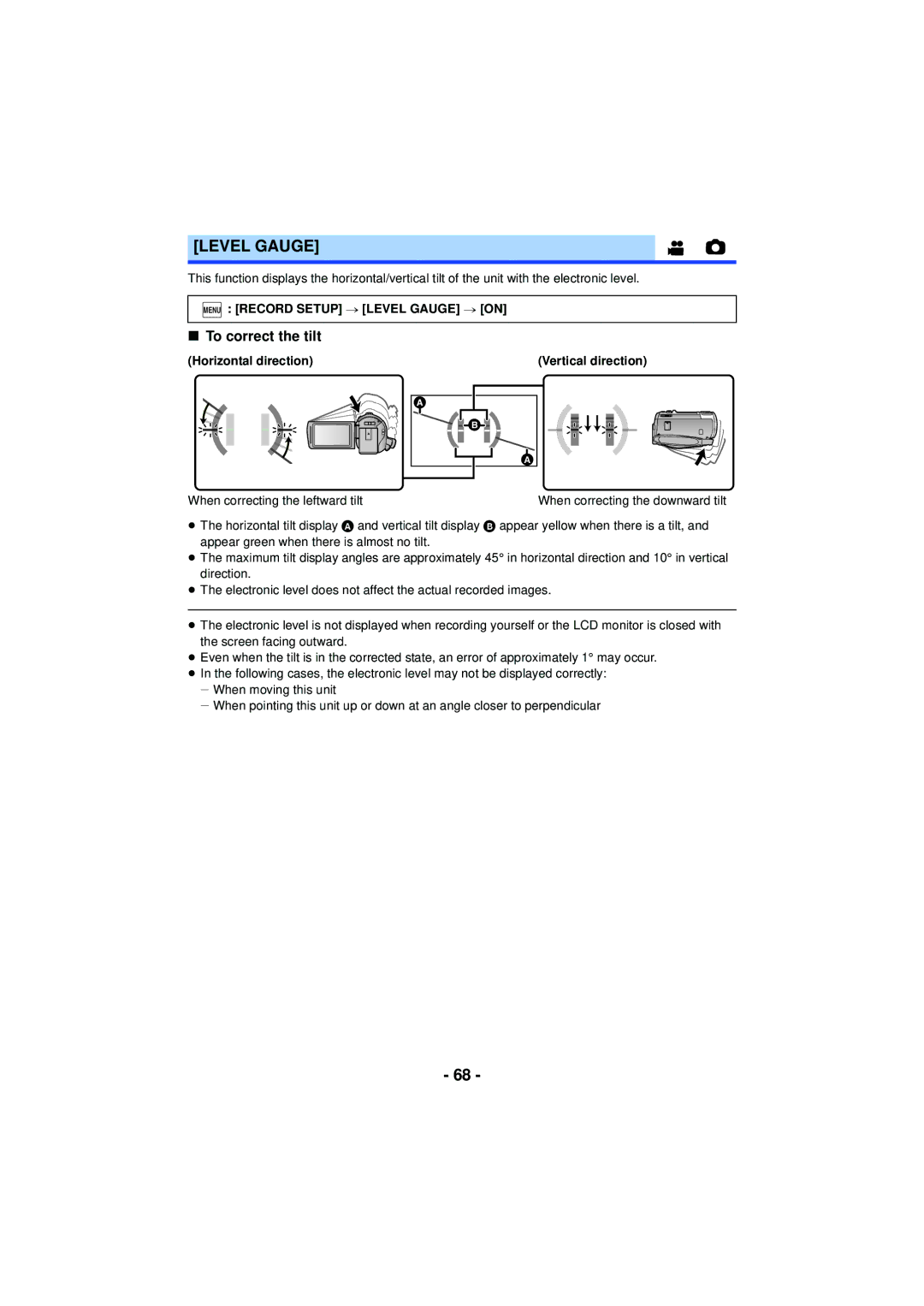 Panasonic HC-V720 owner manual To correct the tilt, Menu Record Setup # Level Gauge # on, Horizontal direction 