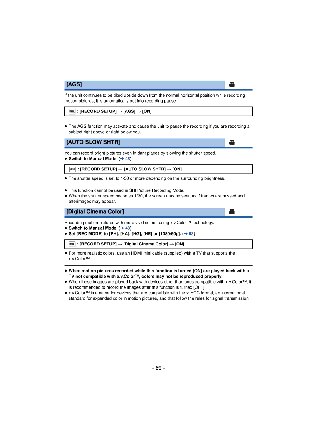 Panasonic HC-V720 owner manual Ags, Auto Slow Shtr, Digital Cinema Color, Menu Record Setup # AGS # on 