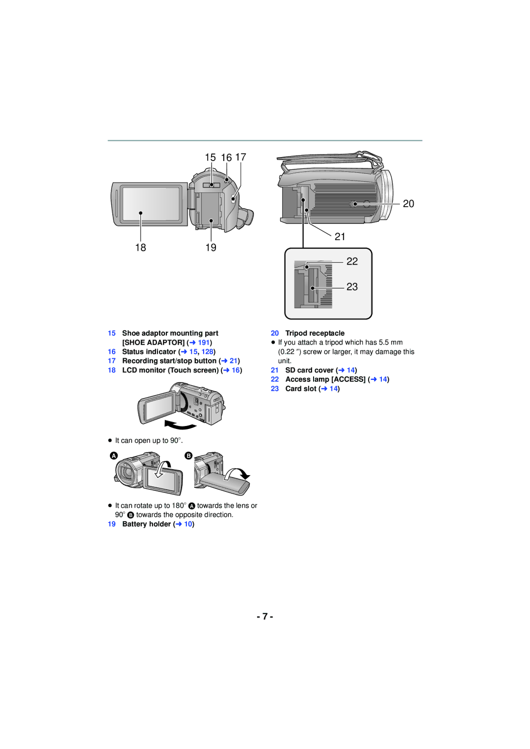 Panasonic HC-V720 owner manual SD card cover l Access lamp Access l Card slot l, Battery holder l 