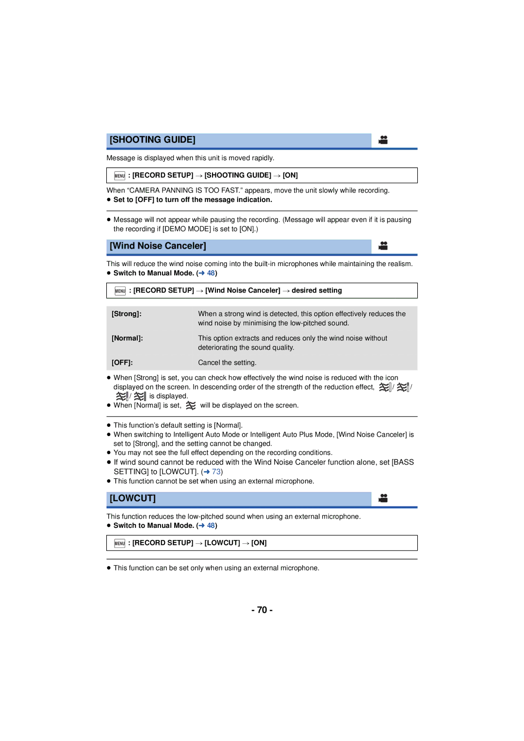 Panasonic HC-V720 owner manual Wind Noise Canceler, Lowcut, Menu Record Setup # Shooting Guide # on 