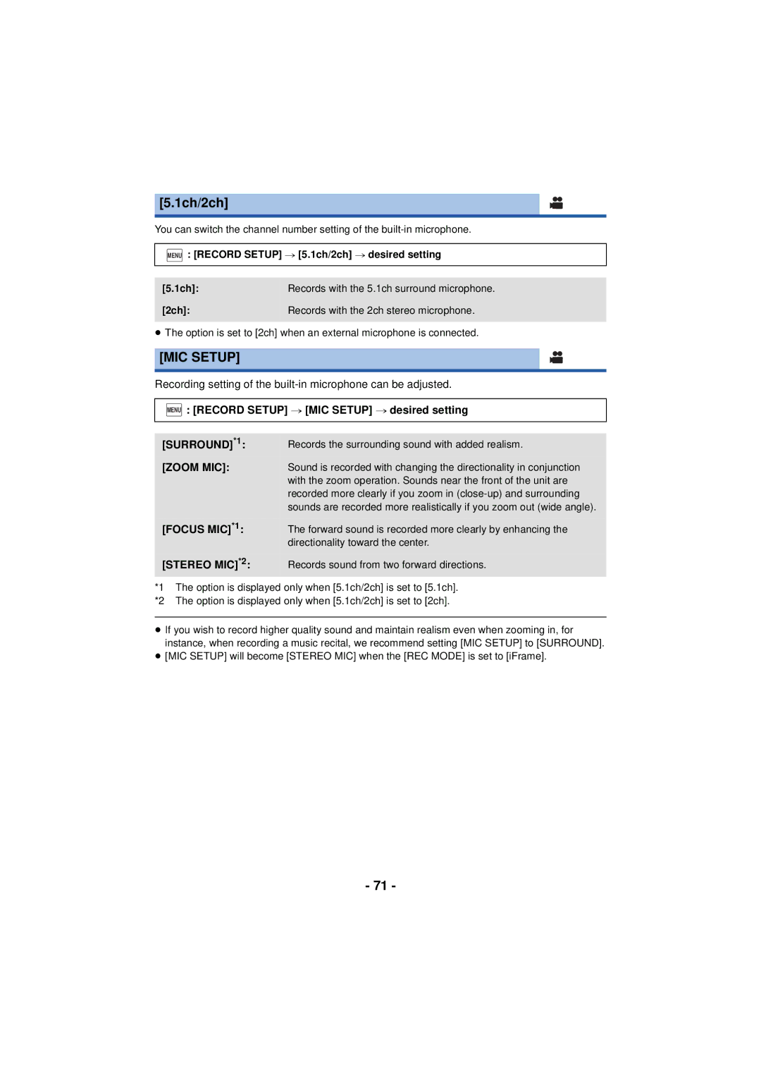 Panasonic HC-V720 owner manual 1ch/2ch, MIC Setup 