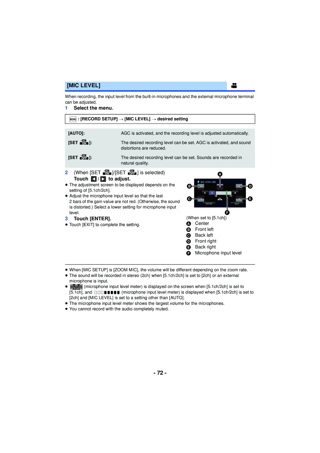 Panasonic HC-V720 owner manual MIC Level, Touch / to adjust, Auto, Set 