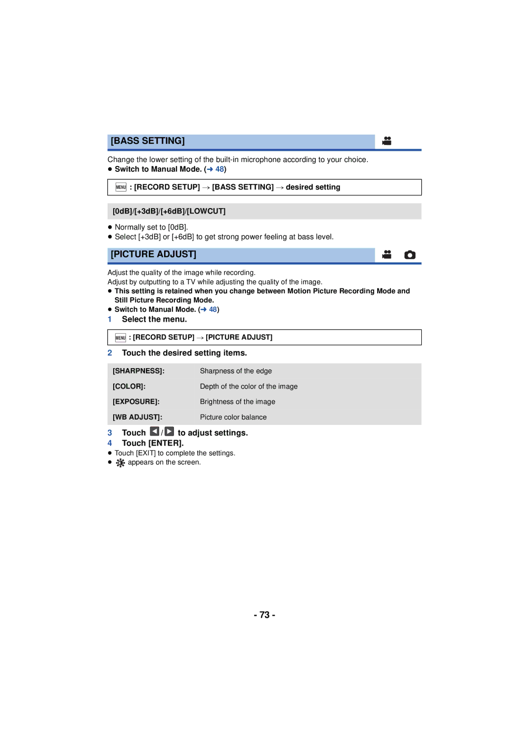 Panasonic HC-V720 owner manual Bass Setting, Picture Adjust, Touch the desired setting items 