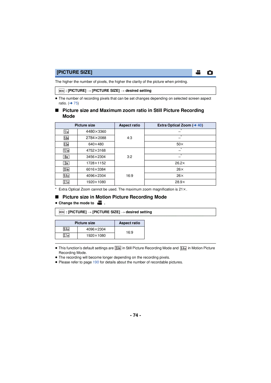 Panasonic HC-V720 owner manual Picture Size, Picture size in Motion Picture Recording Mode 