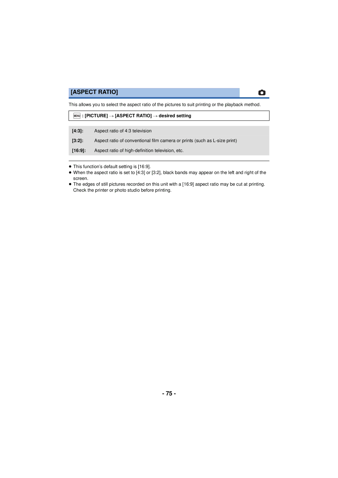 Panasonic HC-V720 owner manual Menu Picture # Aspect Ratio # desired setting 