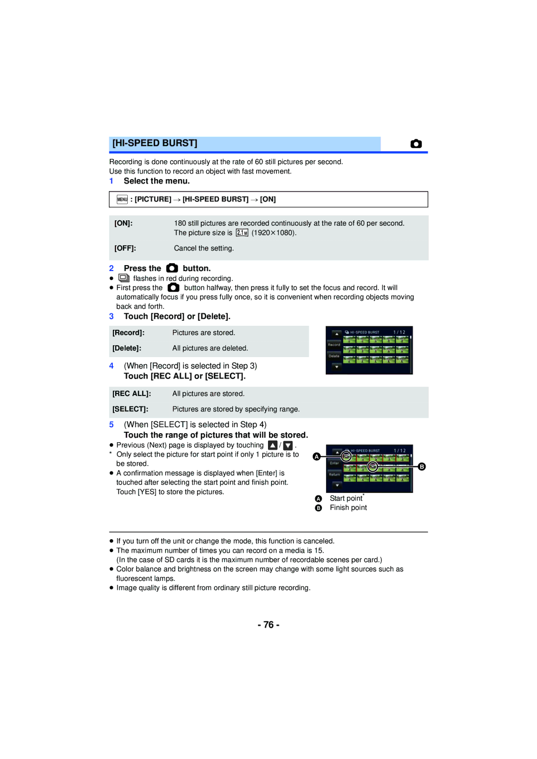 Panasonic HC-V720 owner manual HI-SPEED Burst, Press the button, Touch Record or Delete, Touch REC ALL or Select 