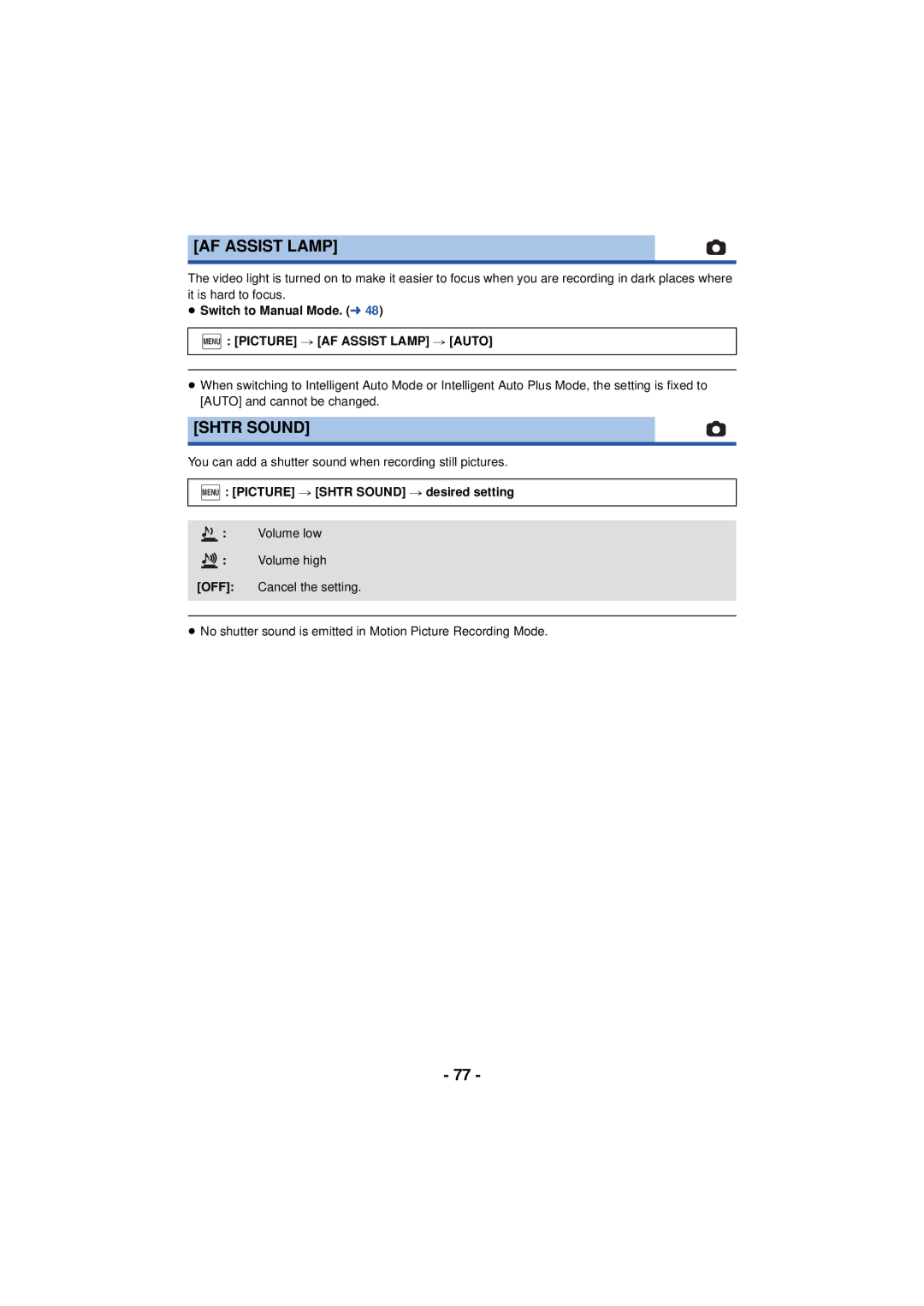 Panasonic HC-V720 owner manual Menu Picture # AF Assist Lamp # Auto, Menu Picture # Shtr Sound # desired setting 