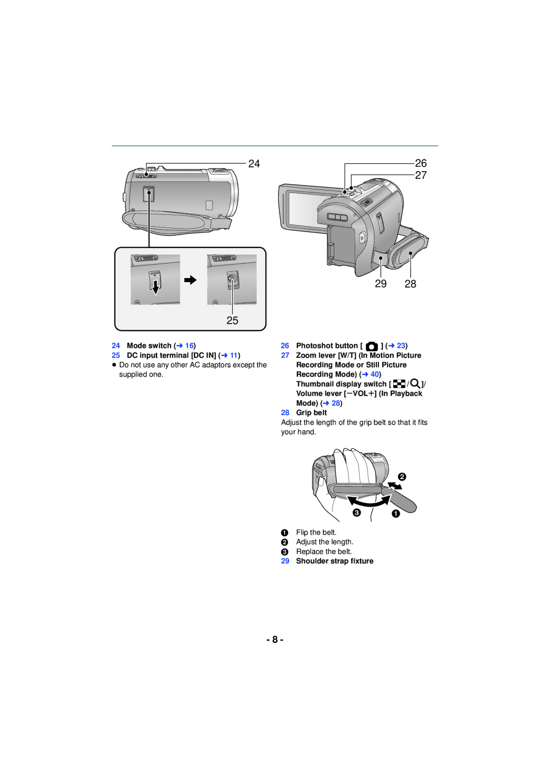 Panasonic HC-V720 owner manual  , Mode switch l DC input terminal DC in l, Shoulder strap fixture 