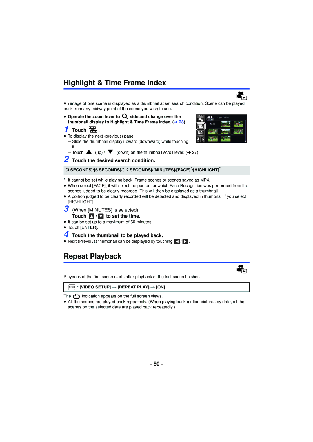 Panasonic HC-V720 owner manual Highlight & Time Frame Index, Repeat Playback, Touch the desired search condition 