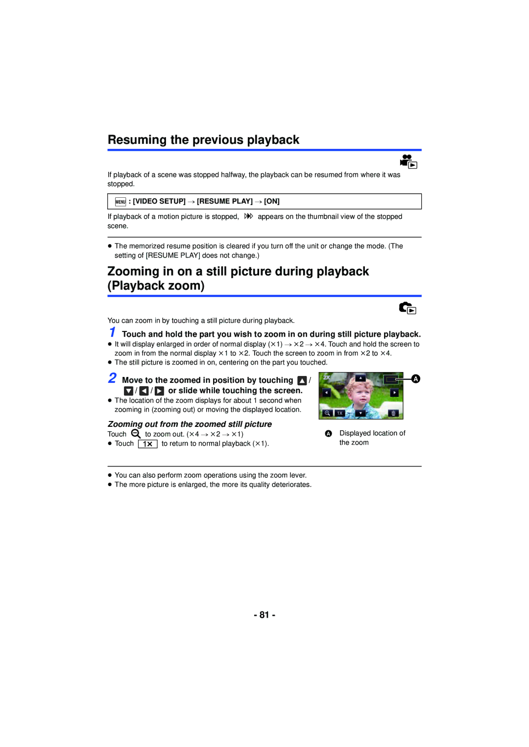 Panasonic HC-V720 owner manual Resuming the previous playback, Zooming in on a still picture during playback Playback zoom 