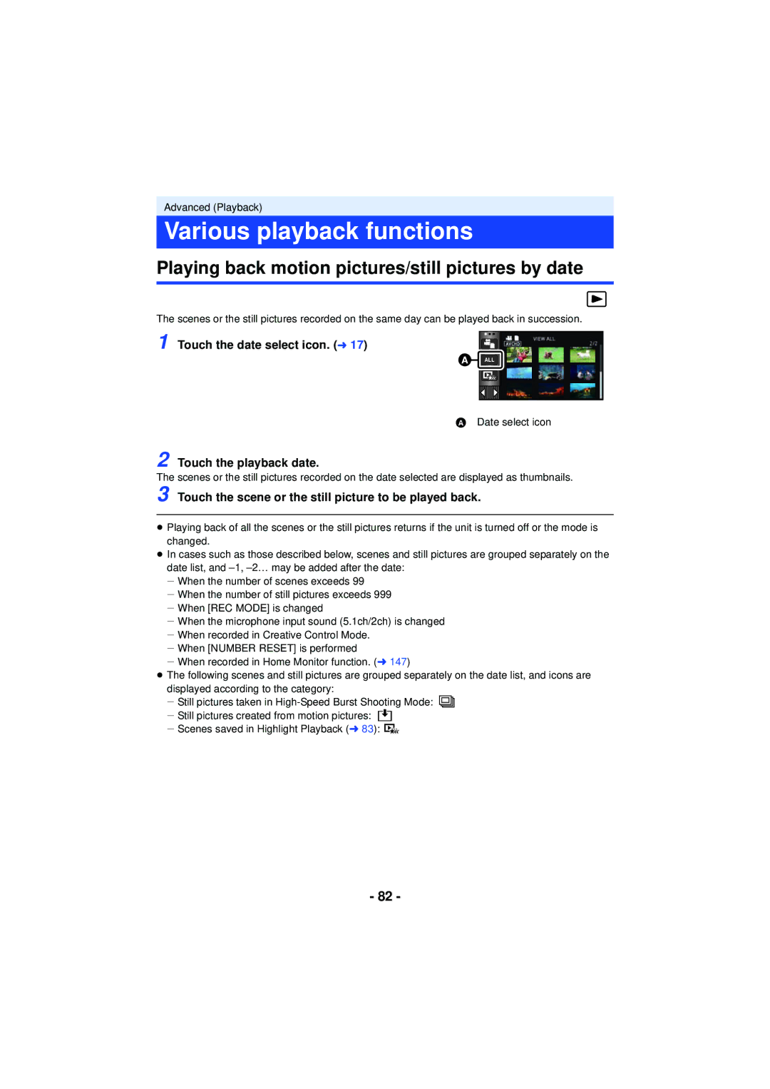 Panasonic HC-V720 Various playback functions, Playing back motion pictures/still pictures by date, Touch the playback date 