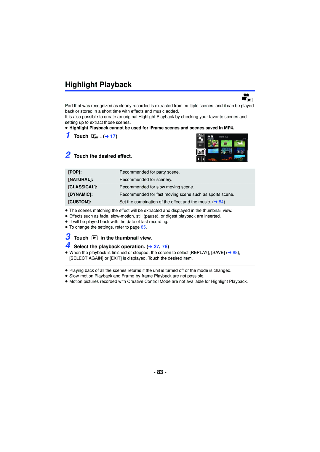 Panasonic HC-V720 owner manual Highlight Playback, Touch . l Touch the desired effect 