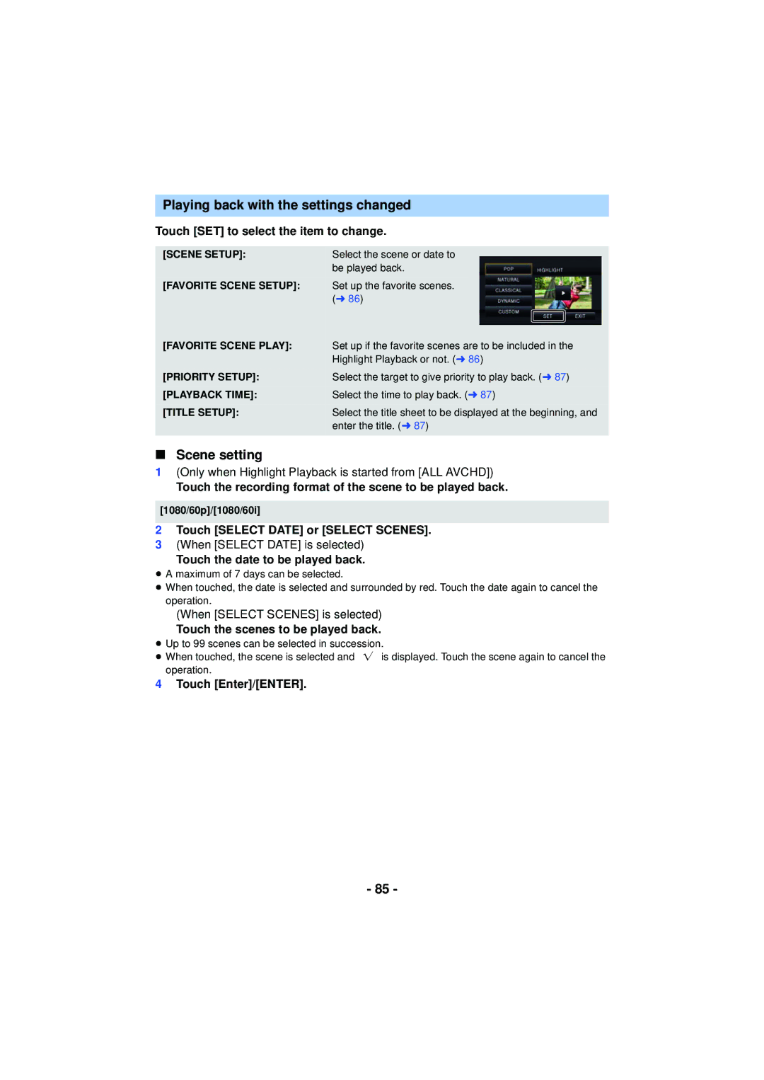 Panasonic HC-V720 owner manual Playing back with the settings changed, Scene setting 