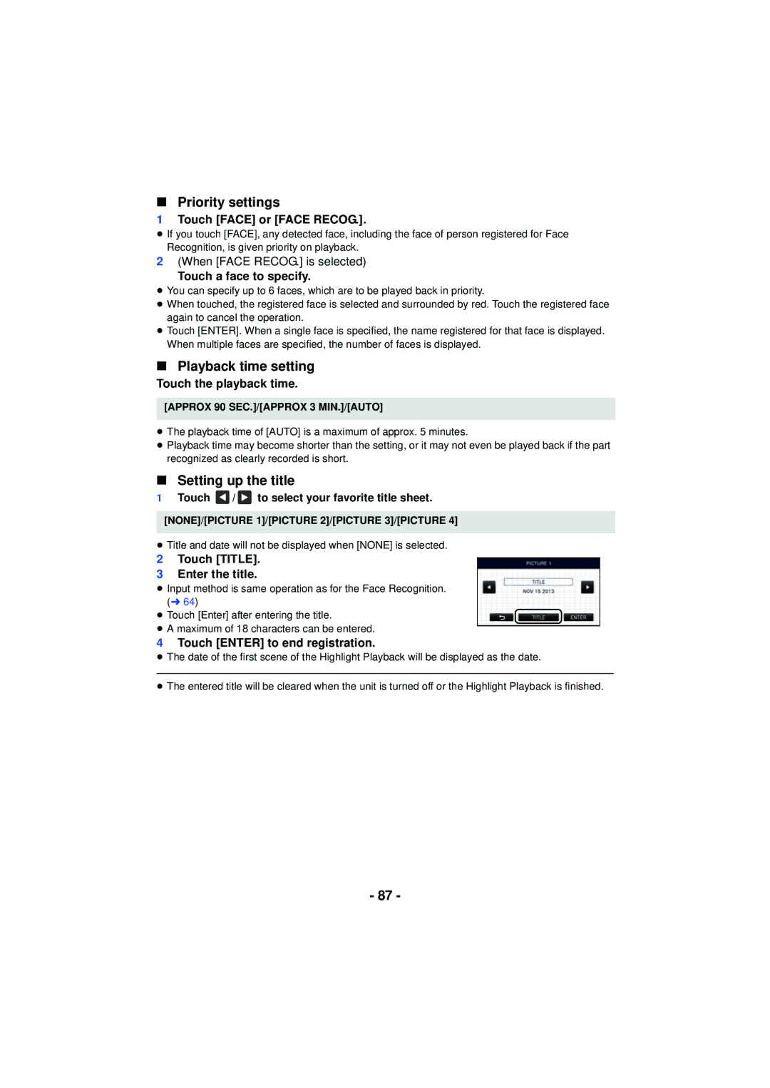 Panasonic HC-V720 owner manual Priority settings, Playback time setting, Setting up the title 