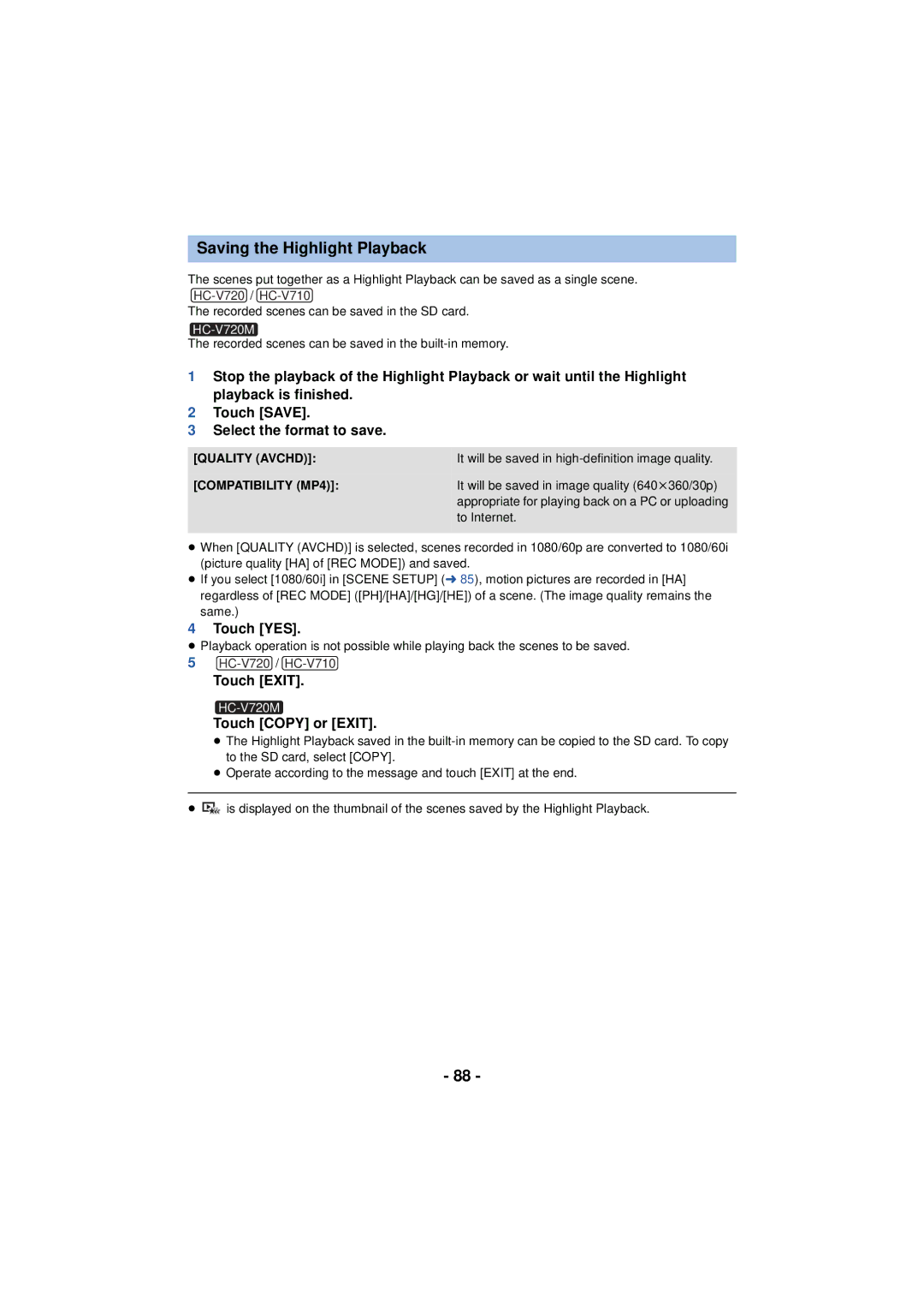 Panasonic HC-V720 owner manual Saving the Highlight Playback, Touch YES, Touch Exit, Touch Copy or Exit 