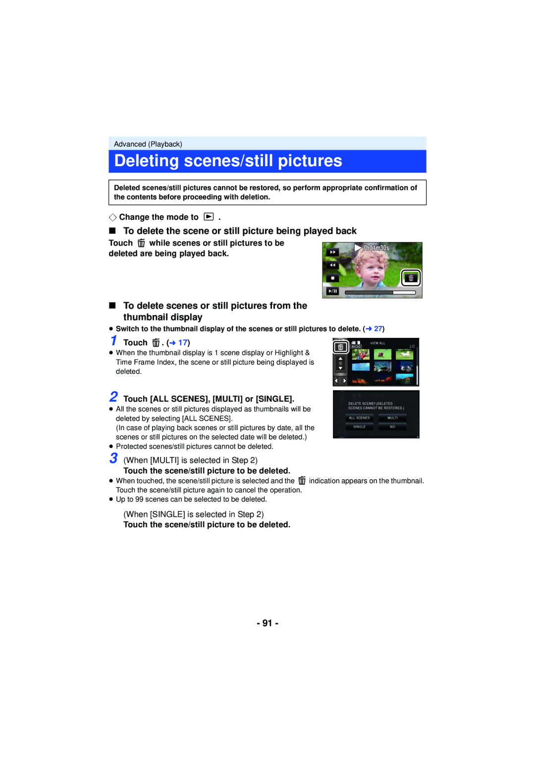 Panasonic HC-V720 owner manual Deleting scenes/still pictures, To delete the scene or still picture being played back 