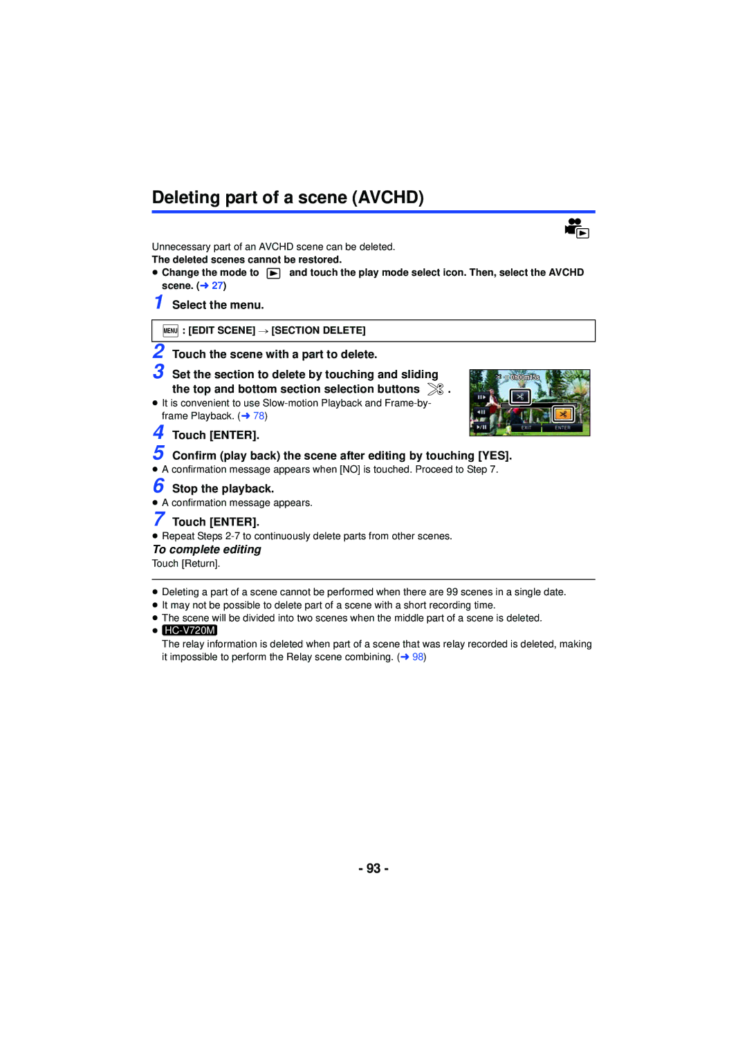 Panasonic HC-V720 owner manual Deleting part of a scene Avchd, Touch the scene with a part to delete, Stop the playback 