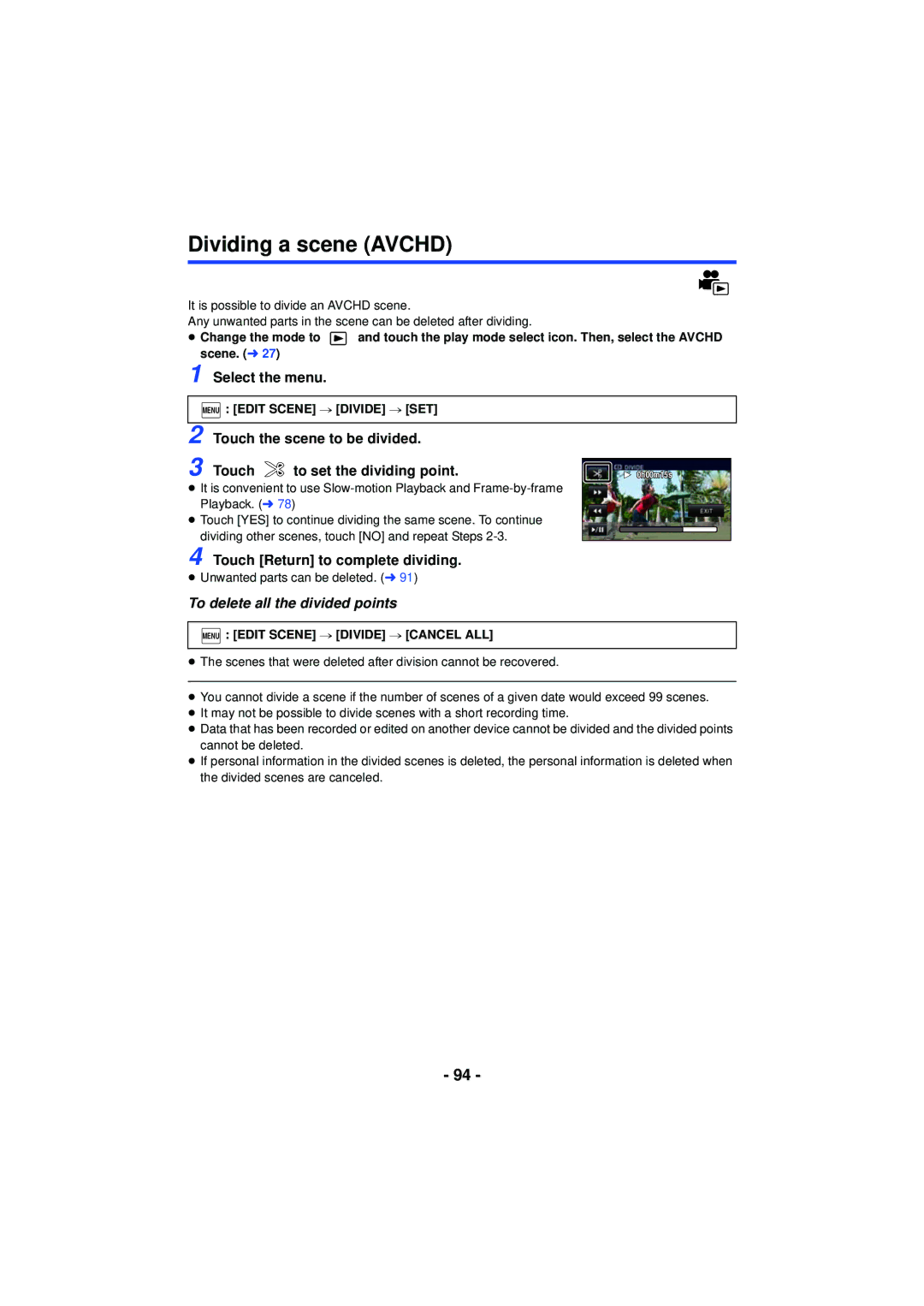 Panasonic HC-V720 owner manual Dividing a scene Avchd, Touch the scene to be divided To set the dividing point 