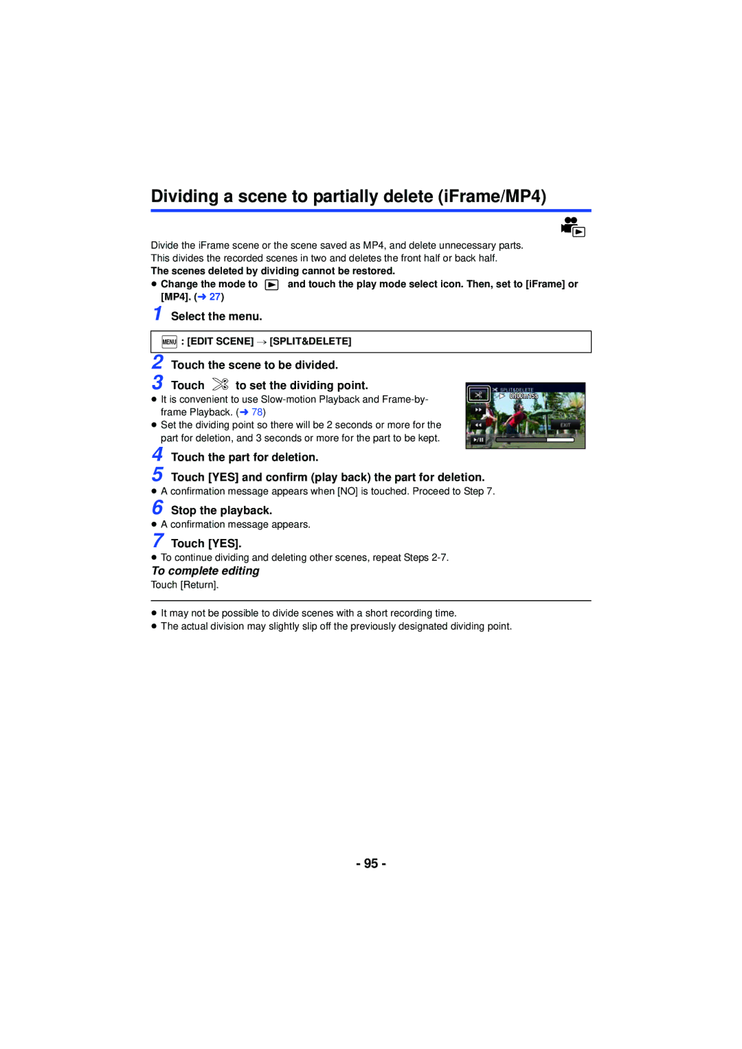 Panasonic HC-V720 owner manual Dividing a scene to partially delete iFrame/MP4, Touch the part for deletion 