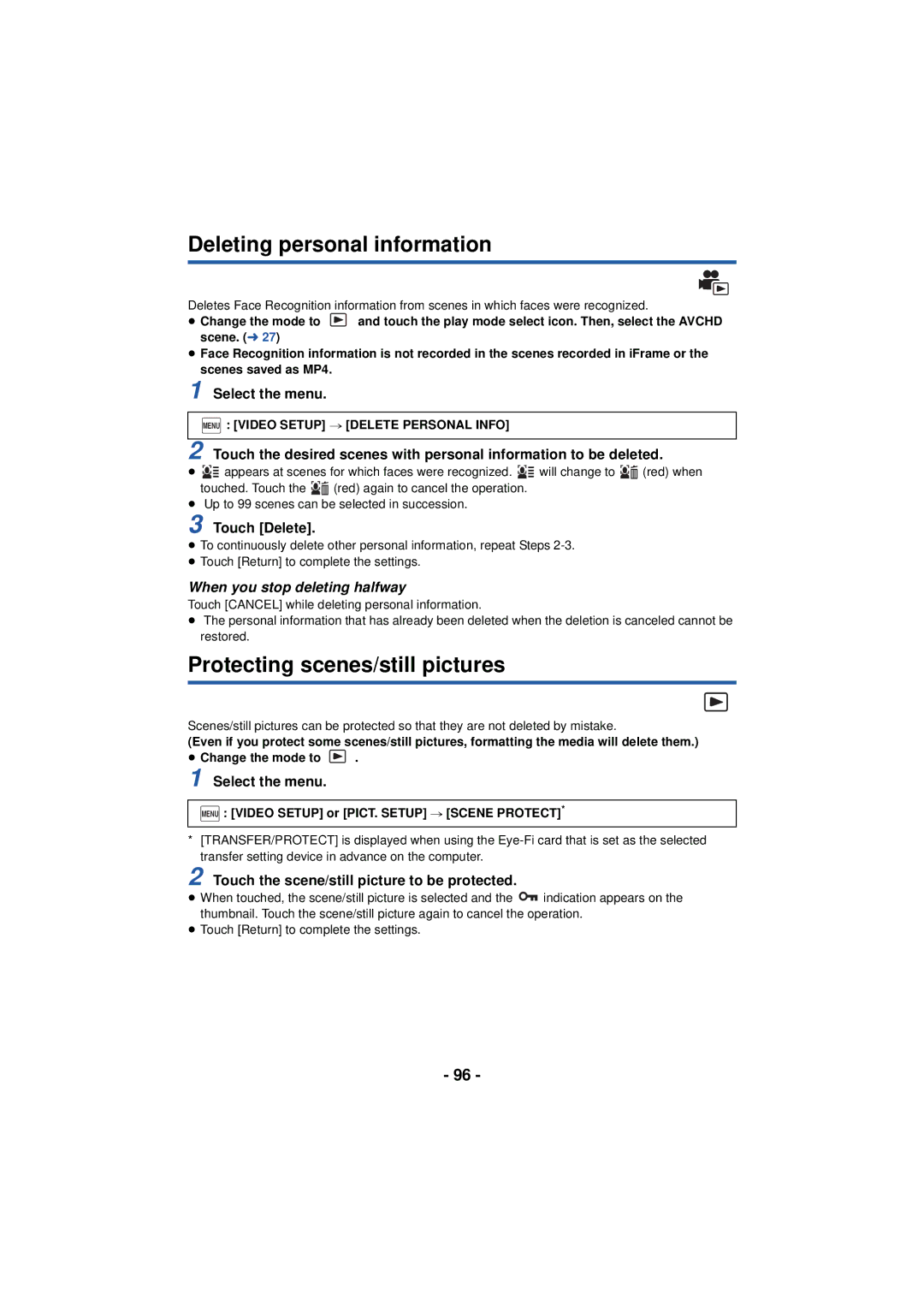 Panasonic HC-V720 Deleting personal information, Protecting scenes/still pictures, Menu Video Setup # Delete Personal Info 