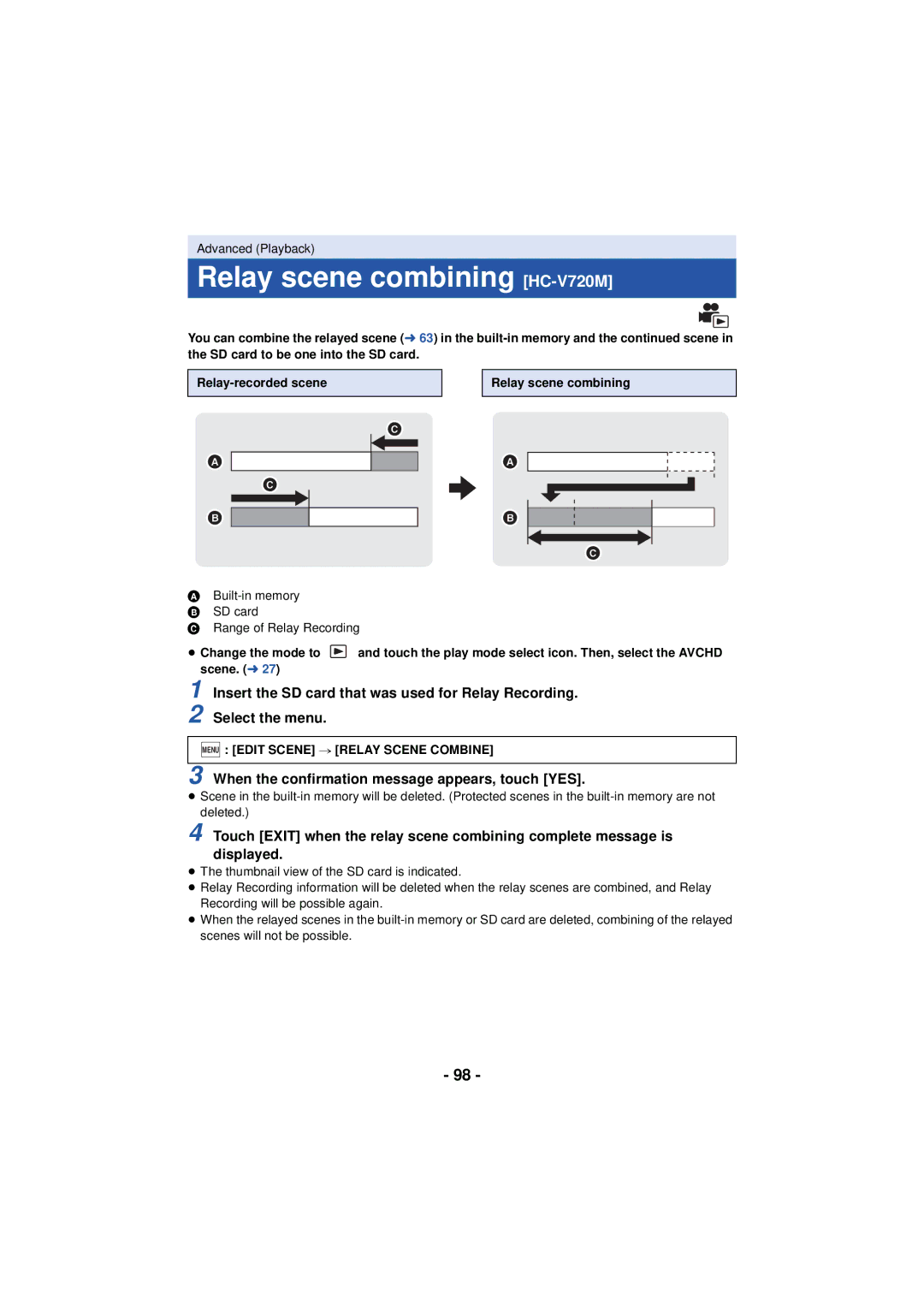 Panasonic owner manual Relay scene combining HC-V720M, Insert the SD card that was used for Relay Recording 