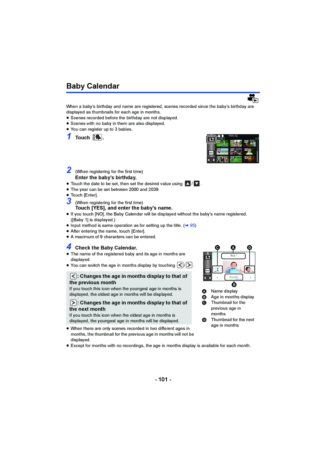 Panasonic HC-W850, HC-V750 owner manual Baby Calendar, 101 