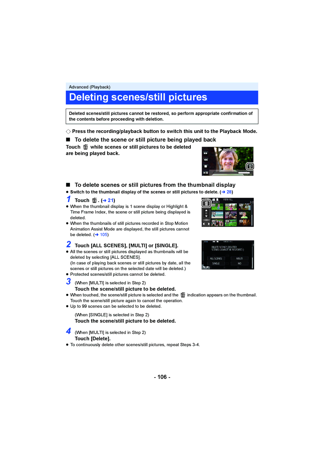 Panasonic HC-V750, HC-W850 Deleting scenes/still pictures, To delete the scene or still picture being played back, 106 