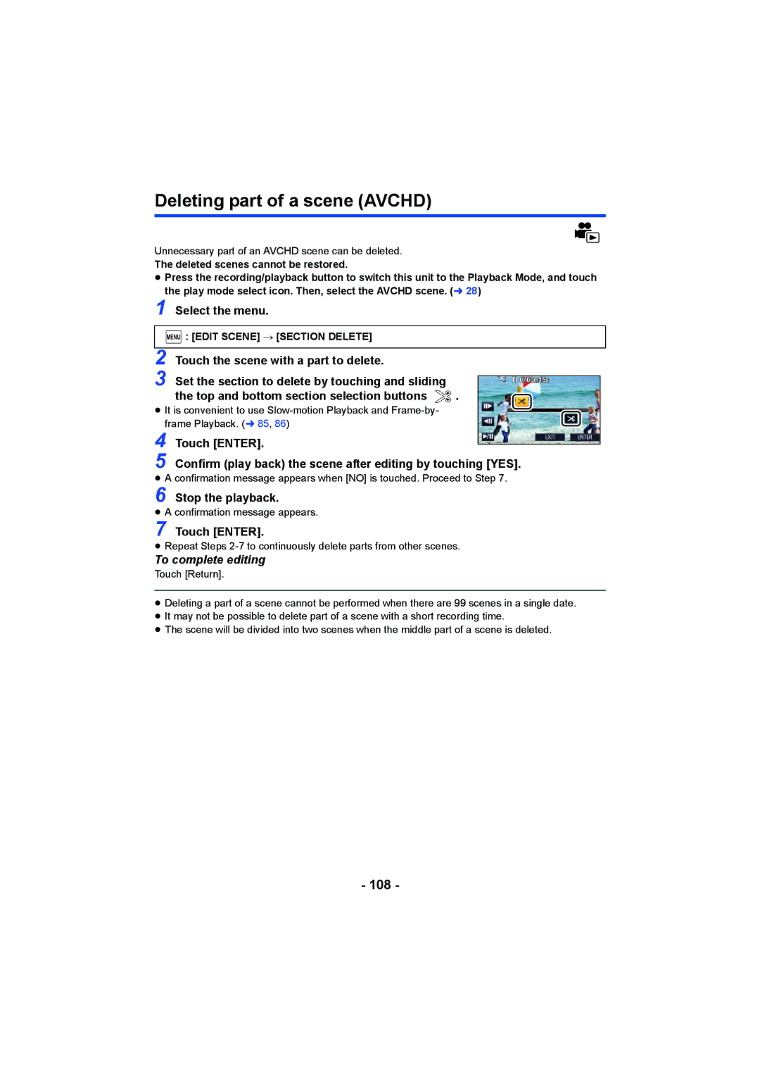 Panasonic HC-V750, HC-W850 Deleting part of a scene Avchd, 108, Touch the scene with a part to delete, Stop the playback 