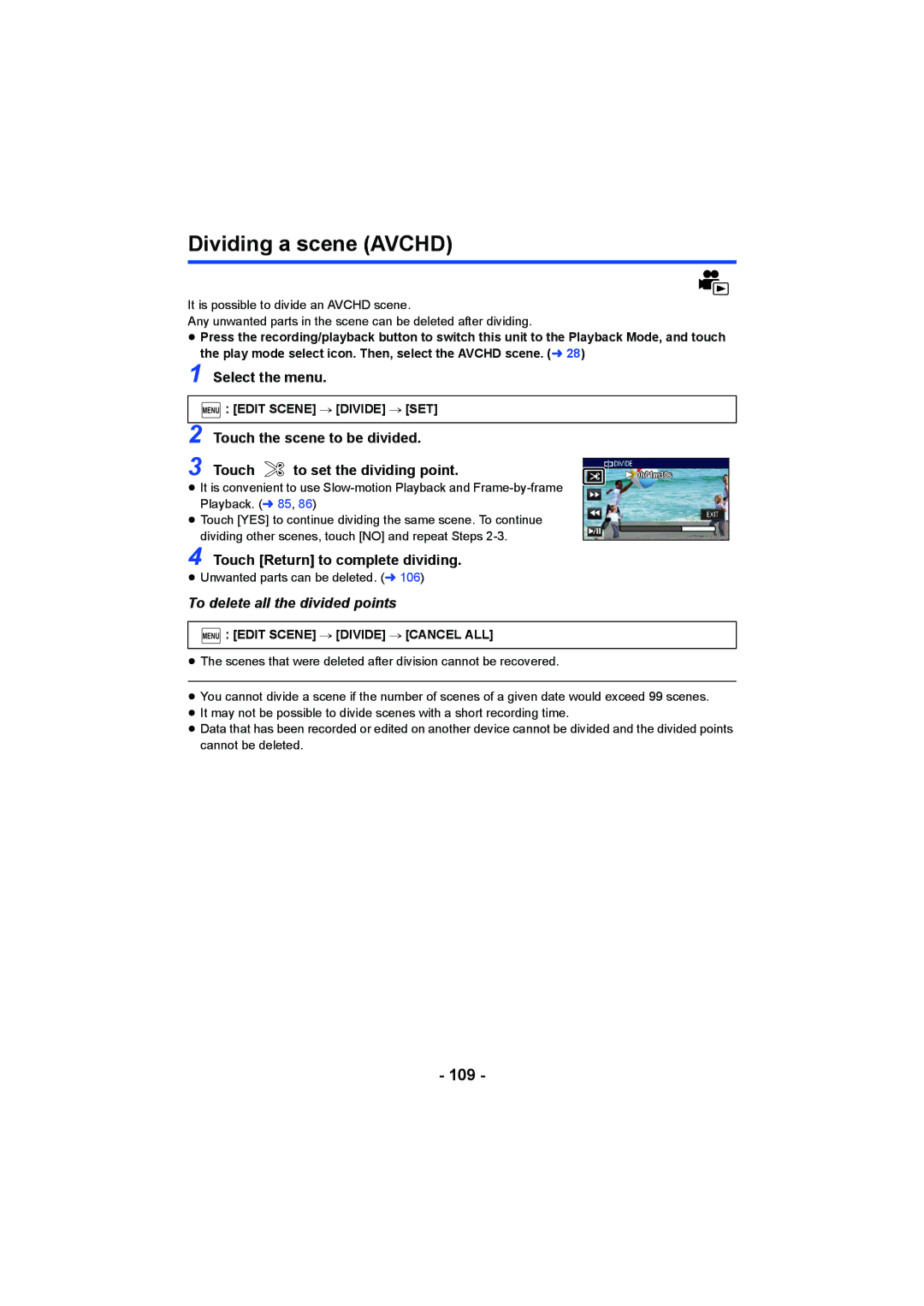 Panasonic HC-W850, HC-V750 owner manual Dividing a scene Avchd, 109, Touch the scene to be divided To set the dividing point 