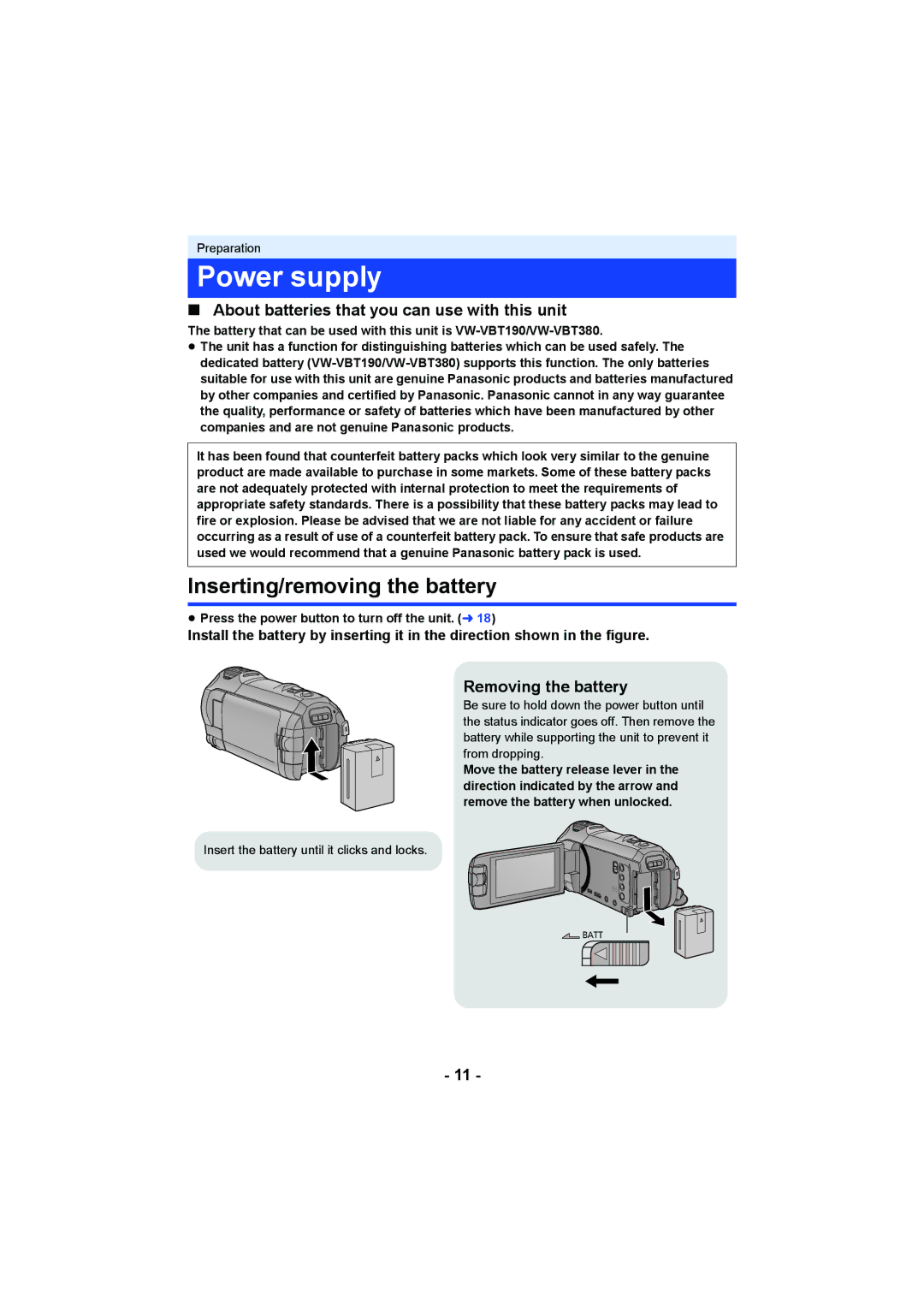 Panasonic HC-W850, HC-V750 Power supply, Inserting/removing the battery, About batteries that you can use with this unit 