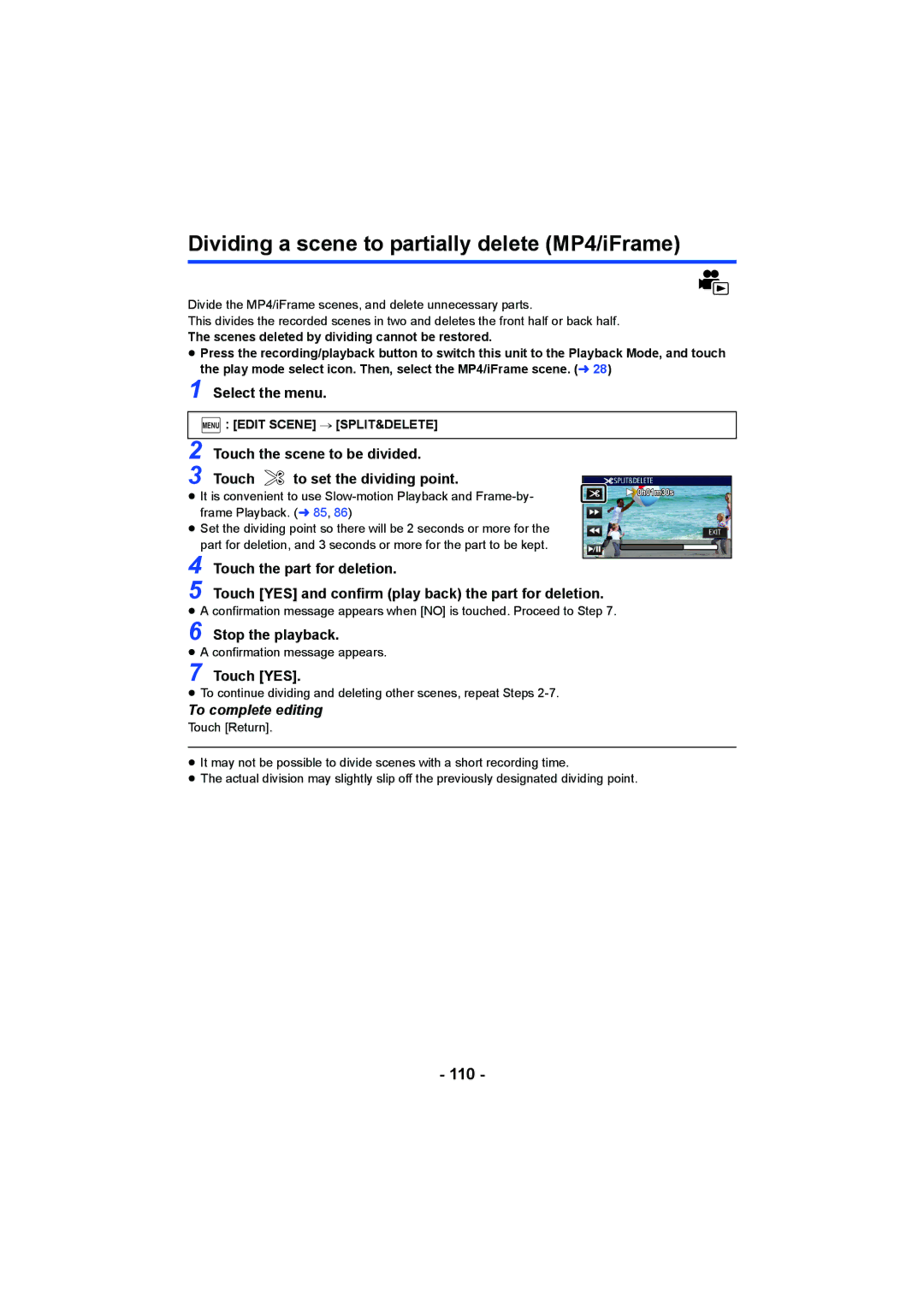 Panasonic HC-V750, HC-W850 owner manual Dividing a scene to partially delete MP4/iFrame, 110, Touch the part for deletion 