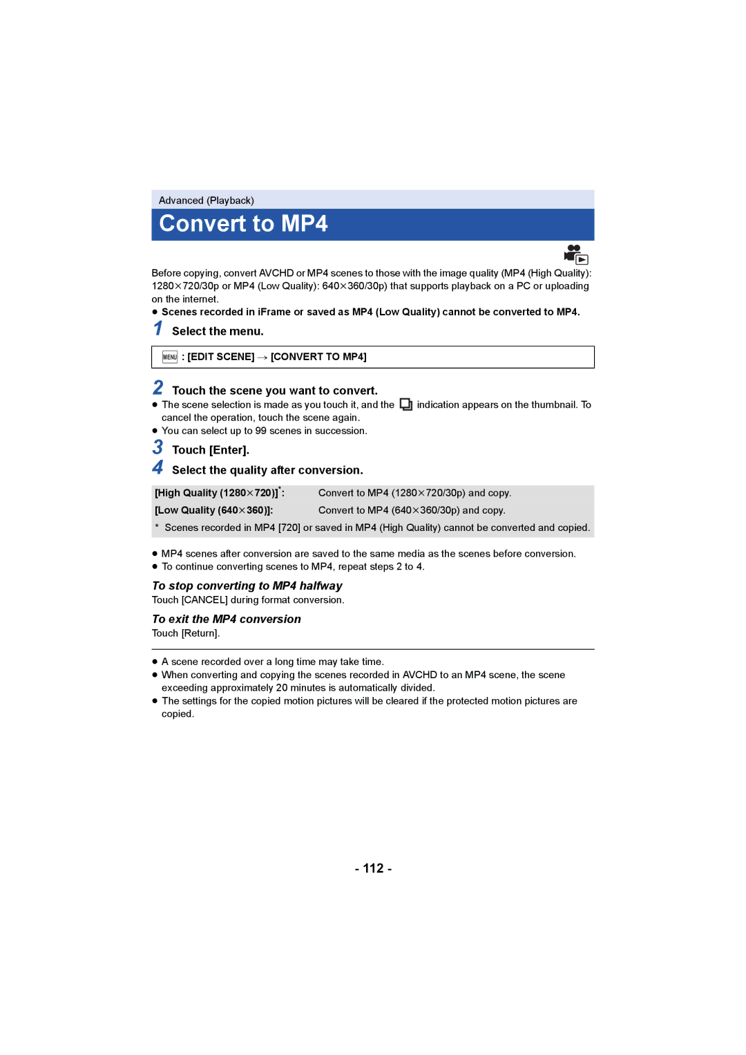 Panasonic HC-V750, HC-W850 owner manual Convert to MP4, 112, To stop converting to MP4 halfway, To exit the MP4 conversion 