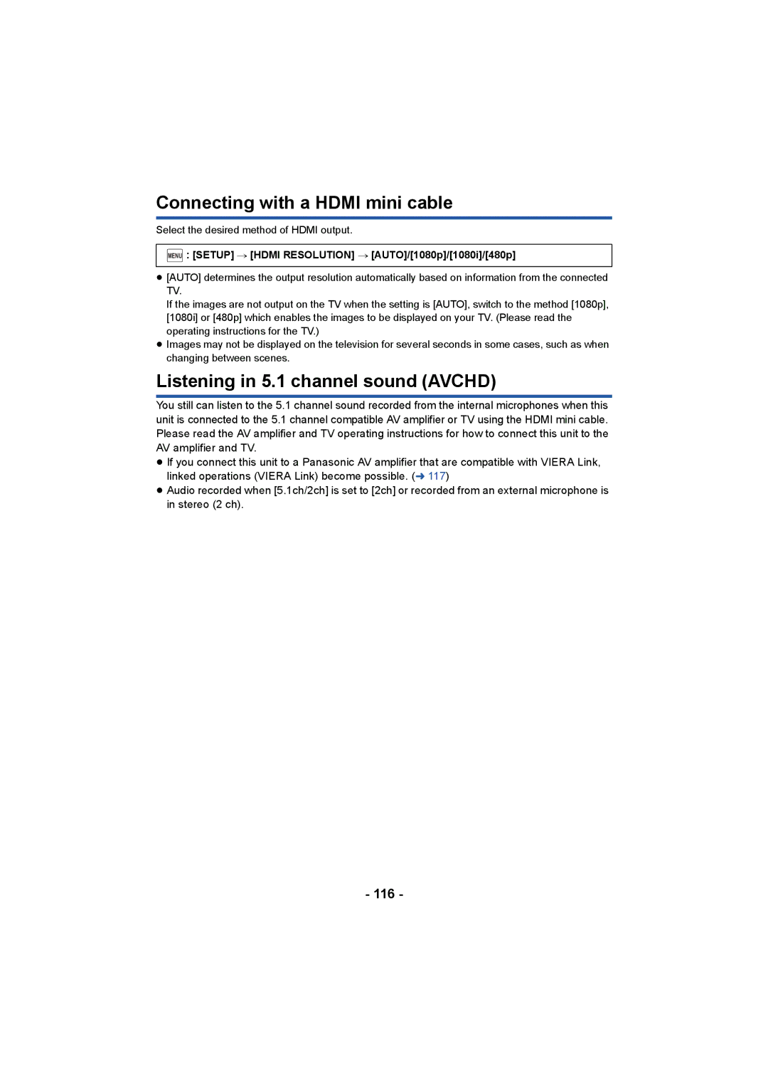 Panasonic HC-V750, HC-W850 owner manual Connecting with a Hdmi mini cable, Listening in 5.1 channel sound Avchd, 116 