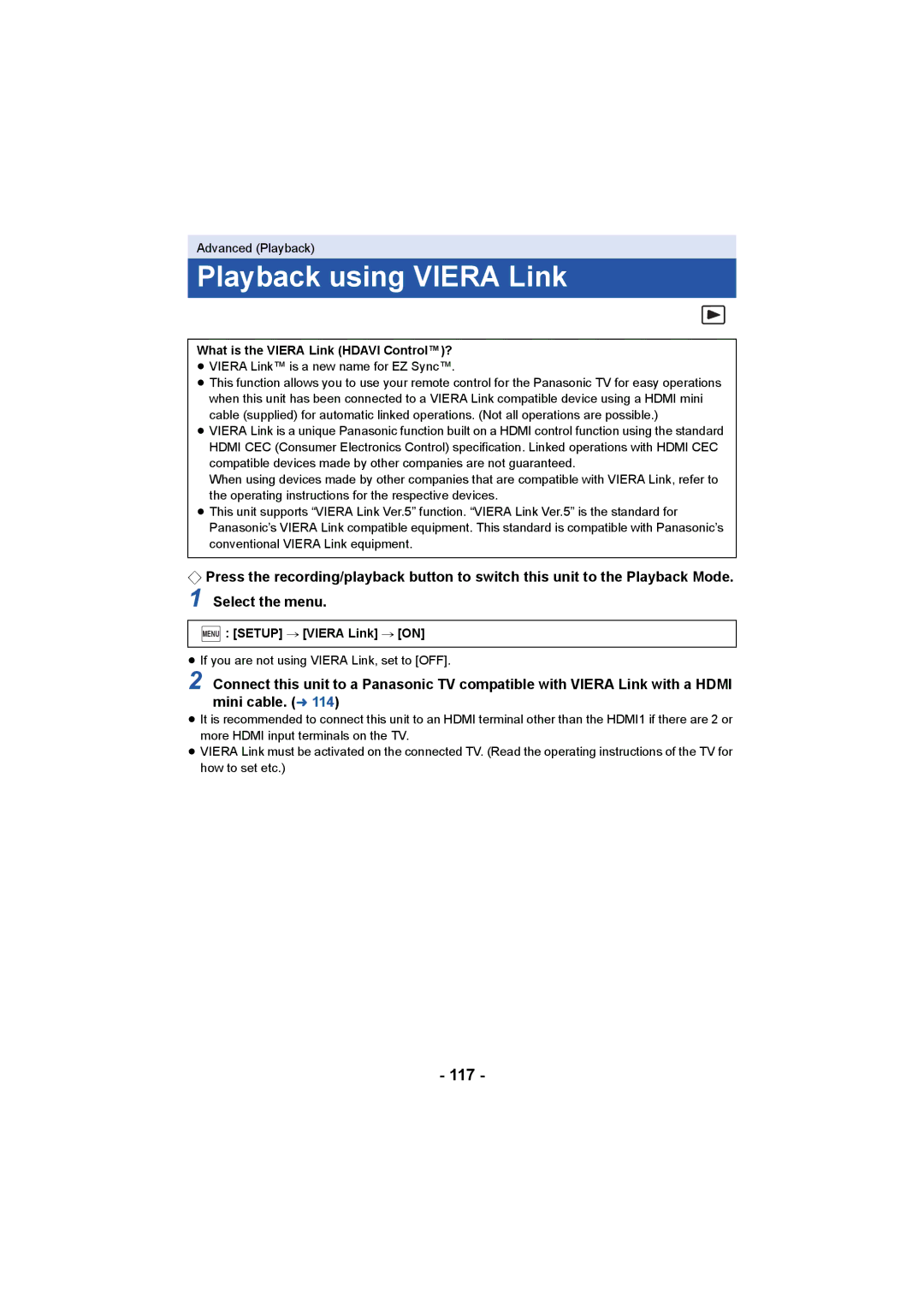 Panasonic HC-W850 Playback using Viera Link, 117, What is the Viera Link Hdavi Control?, Menu Setup # Viera Link # on 