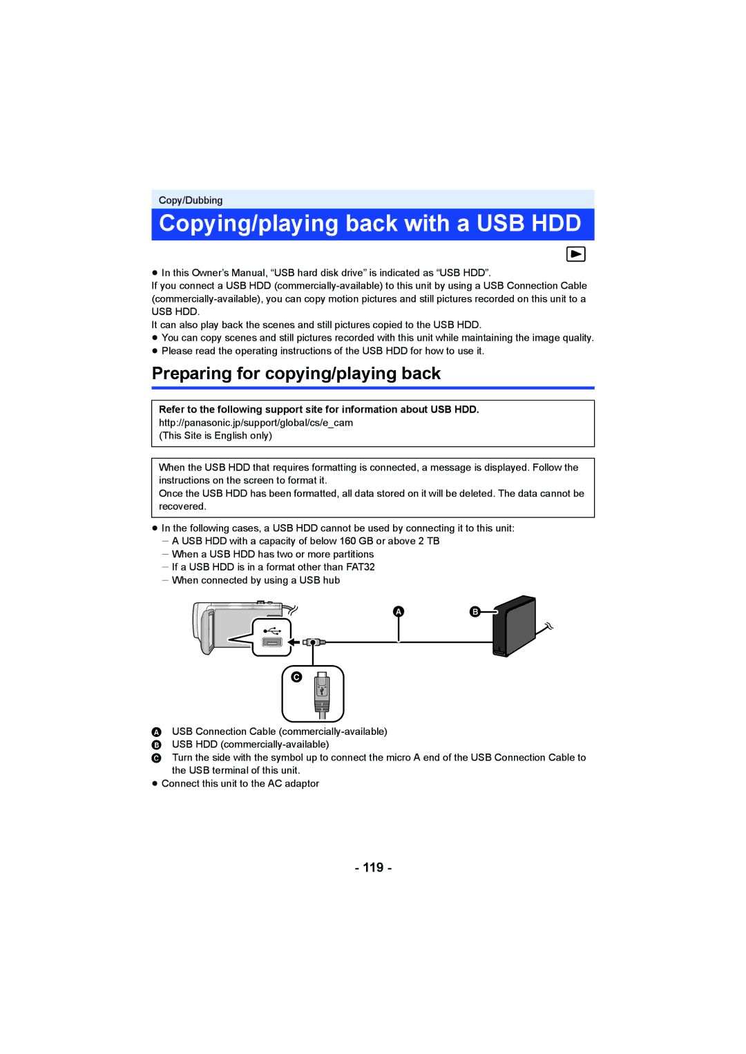 Panasonic HC-W850, HC-V750 owner manual Copying/playing back with a USB HDD, Preparing for copying/playing back, 119 