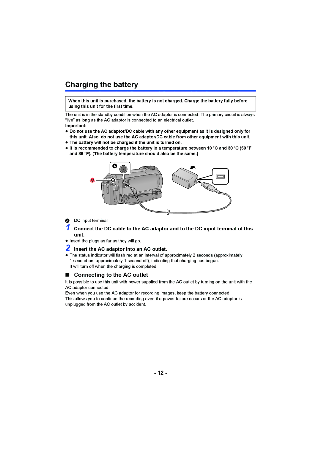 Panasonic HC-V750, HC-W850 Charging the battery, Connecting to the AC outlet, Insert the AC adaptor into an AC outlet 