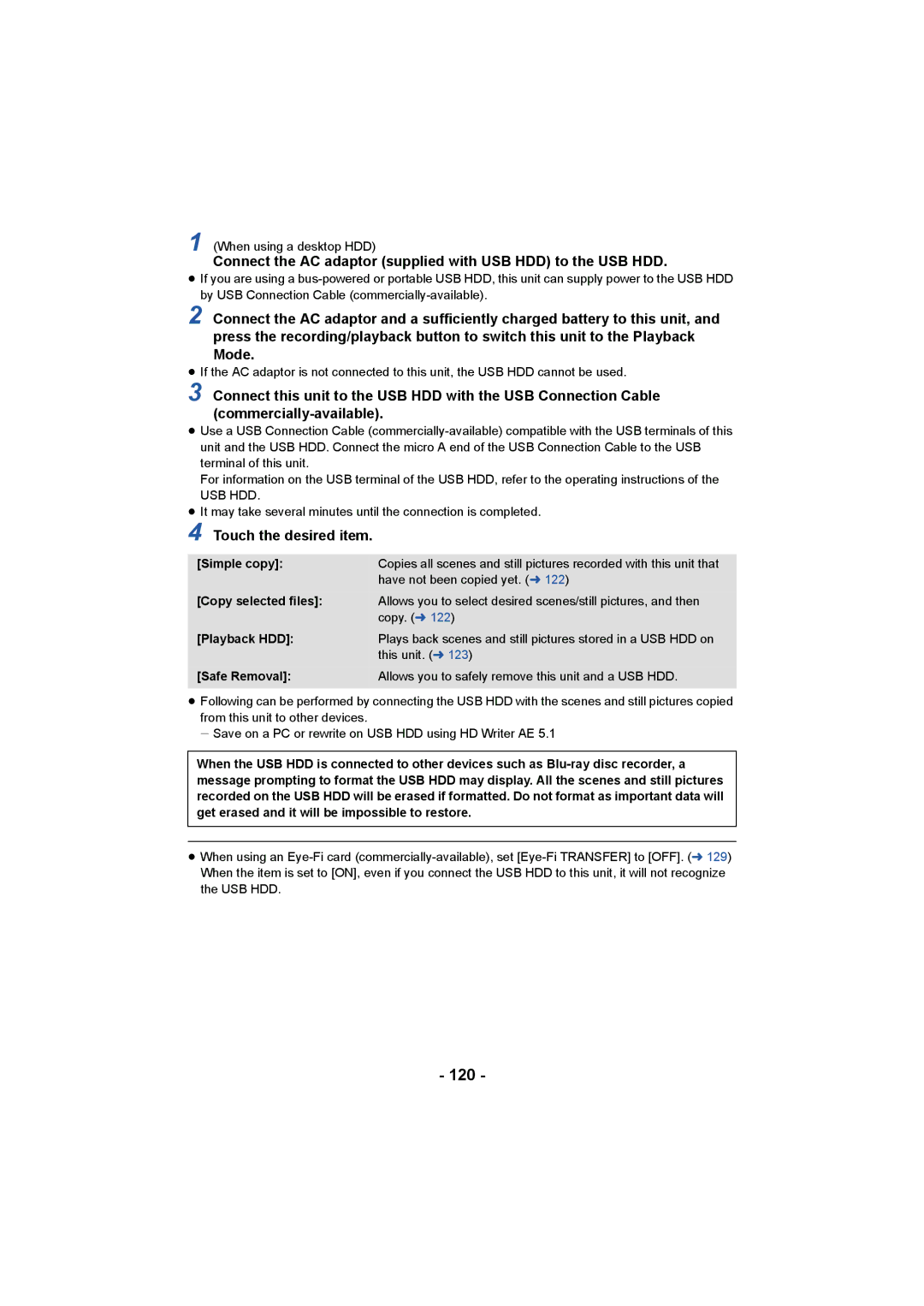 Panasonic HC-V750, HC-W850 owner manual 120, Connect the AC adaptor supplied with USB HDD to the USB HDD 